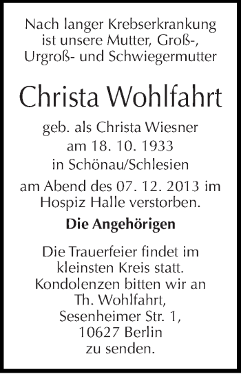 Traueranzeige von Christa Wohlfahrt von Mitteldeutsche Zeitung Halle/Saalkreis