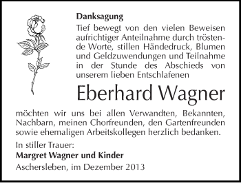 Traueranzeige von Eberhard Wagner von Mitteldeutsche Zeitung Aschersleben