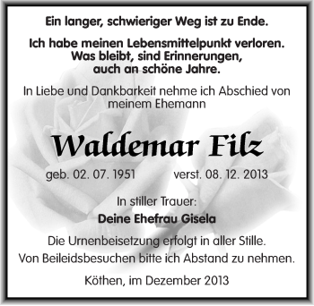 Traueranzeige von Waldemar Filz von Mitteldeutsche Zeitung Köthen
