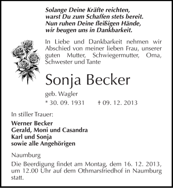 Traueranzeige von Sonja Becker von Mitteldeutsche Zeitung Naumburg/Nebra