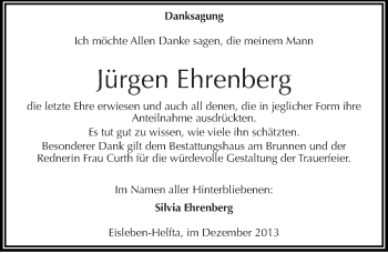 Traueranzeige von Jürgen Ehrenberg von Mitteldeutsche Zeitung Mansfelder Land