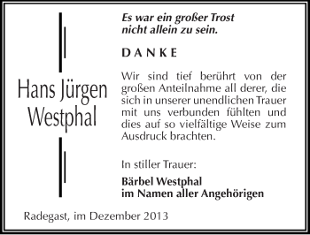 Traueranzeige von Hans Jürgen Westphal von Mitteldeutsche Zeitung Köthen