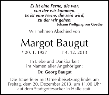 Traueranzeige von Margot Baugut von Mitteldeutsche Zeitung Halle/Saalkreis