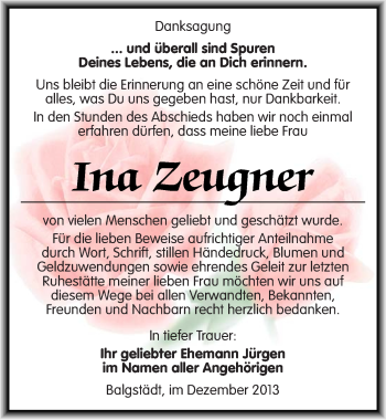 Traueranzeige von Ina Zeugner von Mitteldeutsche Zeitung Naumburg/Nebra