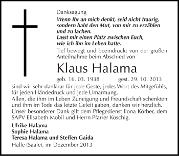 Traueranzeige von Klaus Halama von Mitteldeutsche Zeitung Halle/Saalkreis