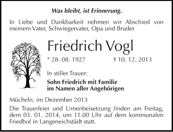 Traueranzeige von Friedrich Vogl von Mitteldeutsche Zeitung Merseburg/Querfurt