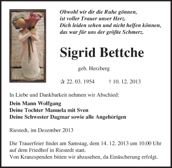 Traueranzeige von Sigrid Bettche von Mitteldeutsche Zeitung Sangerhausen