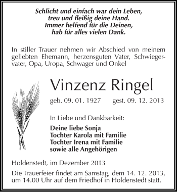 Traueranzeige von Vinzenz Ringel von Mitteldeutsche Zeitung Sangerhausen