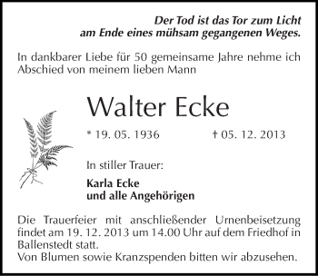 Traueranzeige von Walter Ecke von Mitteldeutsche Zeitung Quedlinburg