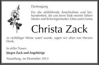 Traueranzeige von Christa Zack von Mitteldeutsche Zeitung Naumburg/Nebra