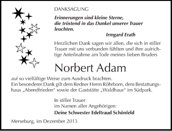 Traueranzeige von Norbert Adam von Mitteldeutsche Zeitung Merseburg/Querfurt