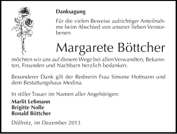Traueranzeige von Margarete Böttcher von Mitteldeutsche Zeitung Halle/Saalkreis