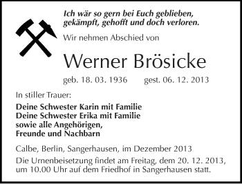 Traueranzeige von Werner Brösicke von Mitteldeutsche Zeitung Sangerhausen