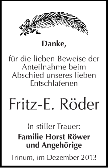 Traueranzeige von Fritz Röder von Mitteldeutsche Zeitung Köthen