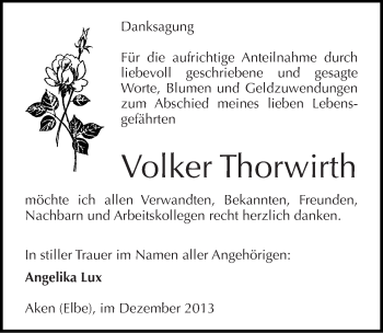Traueranzeige von Volker Thorwirth von Mitteldeutsche Zeitung Köthen