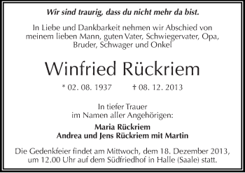 Traueranzeige von Winfried Rückriem von Mitteldeutsche Zeitung Mansfelder Land