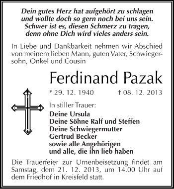 Traueranzeige von Ferdinand Pazak von Mitteldeutsche Zeitung Mansfelder Land