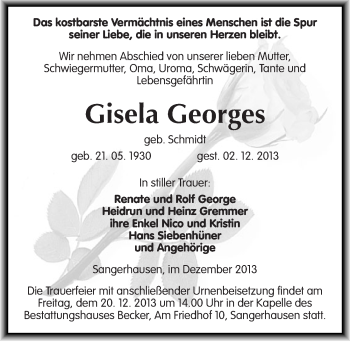 Traueranzeige von Gisela Georges von Mitteldeutsche Zeitung Sangerhausen