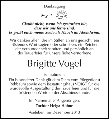 Traueranzeige von Brigitte Vogel von Mitteldeutsche Zeitung Mansfelder Land