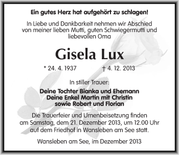 Traueranzeige von Gisela Lux von Mitteldeutsche Zeitung Mansfelder Land