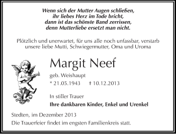 Traueranzeige von Margit Neef von Mitteldeutsche Zeitung Mansfelder Land