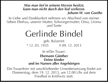 Traueranzeige von Gerlinde Bindel von Mitteldeutsche Zeitung Halle/Saalkreis