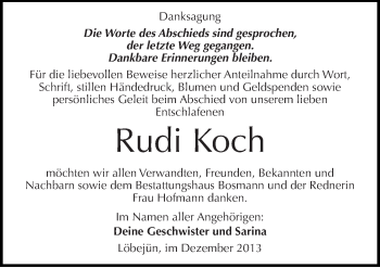 Traueranzeige von Rudi Koch von Mitteldeutsche Zeitung Halle/Saalkreis