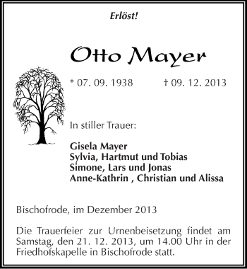 Traueranzeige von Otto Mayer von Mitteldeutsche Zeitung Mansfelder Land