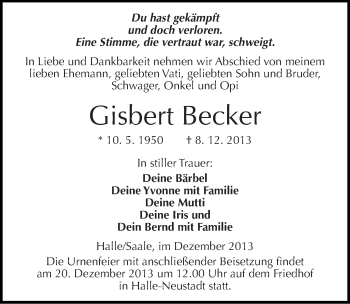 Traueranzeige von Gisbert Becker von Mitteldeutsche Zeitung Halle/Saalkreis