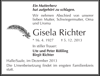 Traueranzeige von Gisela Richter von Mitteldeutsche Zeitung Halle/Saalkreis