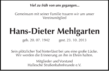 Traueranzeige von Hans-Dieter Mehlgarten von Mitteldeutsche Zeitung Halle/Saalkreis
