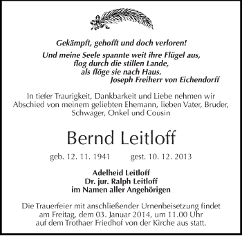 Traueranzeige von Bernd Leitloff von Mitteldeutsche Zeitung Halle/Saalkreis