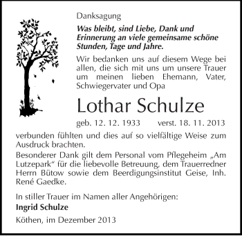 Traueranzeige von Lothar Schulze von Mitteldeutsche Zeitung Köthen