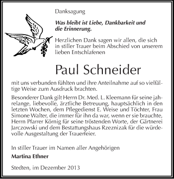 Traueranzeige von Paul Schneider von Mitteldeutsche Zeitung Mansfelder Land