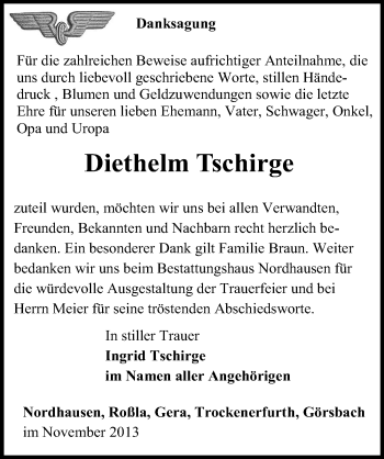 Traueranzeige von Diethelm Tschirge von Mitteldeutsche Zeitung Sangerhausen