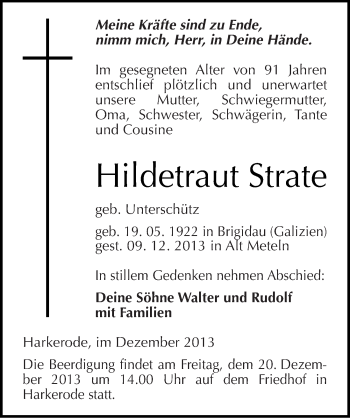 Traueranzeige von Hildetraut Strate von Mitteldeutsche Zeitung Mansfelder Land