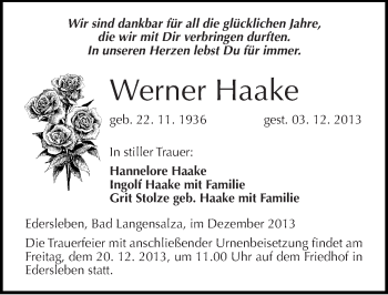 Traueranzeige von Werner Haake von Mitteldeutsche Zeitung Sangerhausen