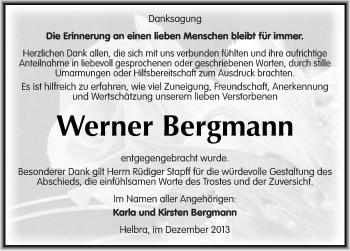 Traueranzeige von Werner Bergmann von Mitteldeutsche Zeitung Mansfelder Land