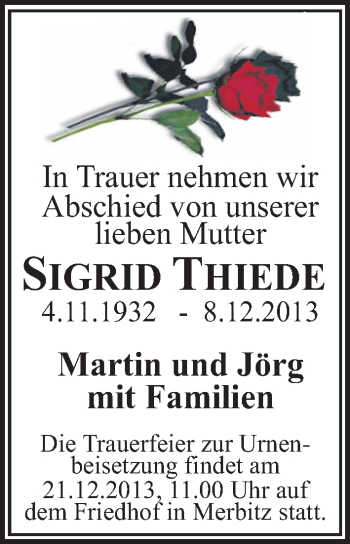 Traueranzeige von Sigrid Thiede von Mitteldeutsche Zeitung Halle/Saalkreis
