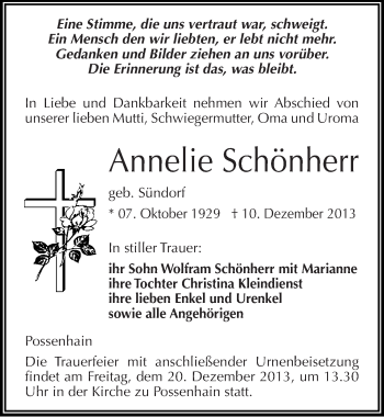 Traueranzeige von Annelie Schönherr von Mitteldeutsche Zeitung Naumburg/Nebra