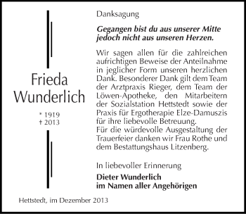 Traueranzeige von Frieda Wunderlich von Mitteldeutsche Zeitung Mansfelder Land