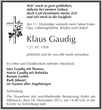 Traueranzeige von Klaus Gaudig von Mitteldeutsche Zeitung Naumburg/Nebra