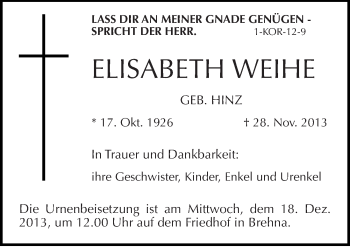 Traueranzeige von Elisabeth Weihe von Mitteldeutsche Zeitung Bitterfeld