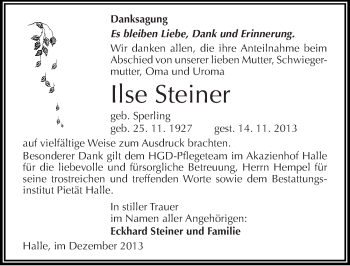 Traueranzeige von Ilse Steiner von Mitteldeutsche Zeitung Halle/Saalkreis
