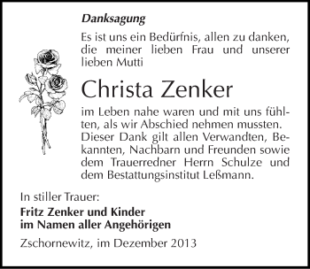 Traueranzeige von Christa Zenker von Mitteldeutsche Zeitung Wittenberg