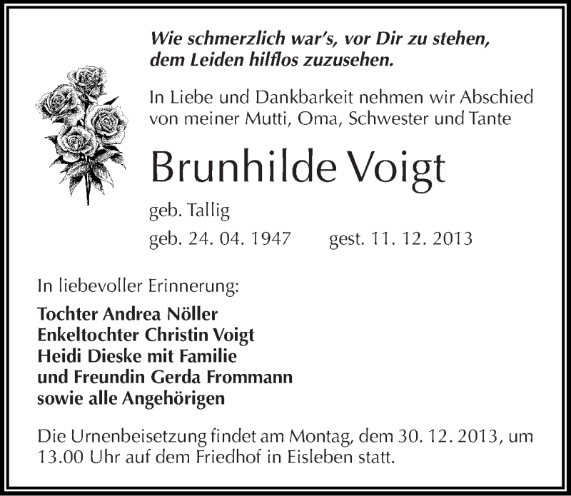  Traueranzeige für Brunhilde Voigt vom 17.12.2013 aus Mitteldeutsche Zeitung Mansfelder Land