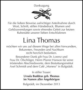 Traueranzeige von Lina Thomas von Mitteldeutsche Zeitung Naumburg/Nebra