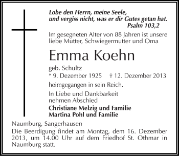 Traueranzeige von Emma Koehn von Mitteldeutsche Zeitung Naumburg/Nebra