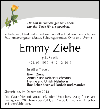 Traueranzeige von Emmy Ziehe von Mitteldeutsche Zeitung Quedlinburg