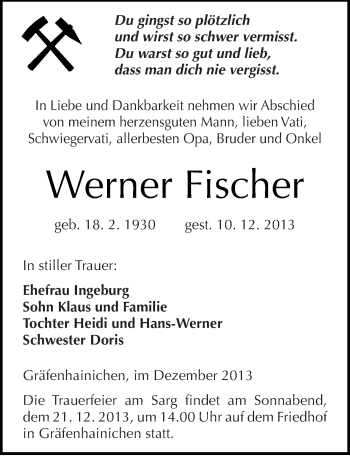 Traueranzeige von Werner Fischer von Mitteldeutsche Zeitung Wittenberg